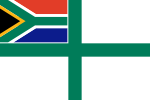 Flag: Equivalent of St George's Ensign with Argent field defaced with a thin Vert cross, Flag of South Africa in the first quarter