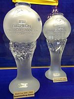 Two identical trophies, glass columns with globes on top, the right one closer to the camera, are pictured in front of a blue background.