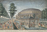 An 18th century print showing the exterior of the Rotunda at Ranelagh Gardens and part of the grounds.