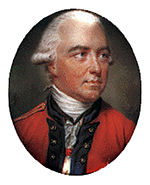 Color painting of a white-wigged Henry Clinton in a red coat with dark blue lapels