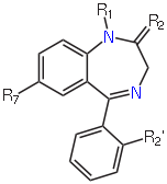 Chemical structure diagram of a benzene ring fused to a diazepine ring. Another benzene ring is attached to the bottom of the diazepine ring via a single line. Attached to the first benzene ring is a side chain labeled R7; to the second, a side chain labeled R2'; and attached to the diazepine ring, two side chains labeled R1 and R2.
