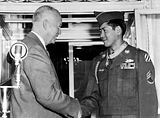 Hiroshi H. Miyamura shaking hands with President Eisenhower after being presented with the Medal of Honor.