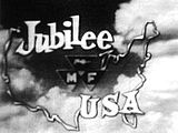 words Jubilee USA inside an outline of the United States with a background of clouds
