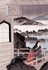 Painting of a woman on a veranda looking to the left
