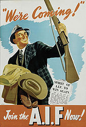 A drawing of a man wearing a 1940s-era business suit and hat cradling a military uniform in his right arm and holding a rifle with his left hand. There is a blue background behind the man and a cutting from a newspaper to the right of him.