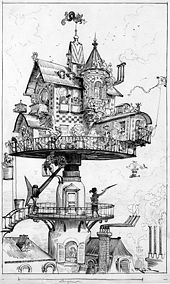 black and white drawing of small house of complex design raised above the surrounding buildings on a turntable