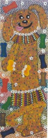 Tall, thin painting of a cartoon-like dog, painted with thousands of dots and hash marks; the dog is wearing a beaded Egyptian-style collar and skirt and holding a yellow bone. Surrounding the dog are brightly colored dog bones