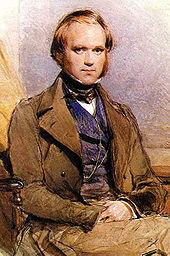 Three quarter length portrait of Darwin aged about 30, with straight brown hair receding from his high forehead and long side-whiskers, smiling quietly, in wide lapelled jacket, waistcoat and high collar with cravat.