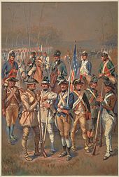 A group of about a dozen men is shown standing about.  Each wears a different style of uniform, varying the hat, color of the jacket and its facing, color and cut of the waistcoat, color of the pants, and style of footwear.  One man wears ranger garb, consisting of leather tunic, pants, and moccasins.