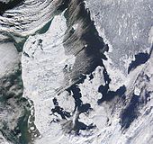 Satellite view of snow-covered Denmark