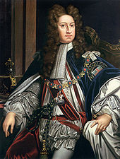 A three quarter portrait of a man, seated, hands rested on the arms of the chair, wearing expensive clothing and a wig. Behind him to his right, is a crown, its cross and arches prominent.