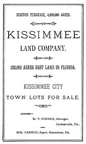 A black and white image of a land sale notice announcing 4 million acres (16,000 km2) purchased by Hamilton Disston; 20,000 acres (81 km2) are up for sale, specifically featuring town lots for sale