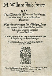 Title page of the play King Lear with an M prefixing Shakespeare's name.