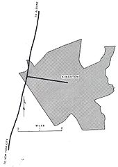 A shaded area roughly depicts the city of Kingston. A solid line passes the city to the left; one end of the line reads "to New York City" while the other (at top) reads "to Albany". Another solid line leads from that line to the center of Kingston, where it ends.
