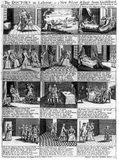 A sequence of 12 images that satirise the story.  Several people in 18th-century dress are visible, as well as one in a Harlequin's costume.
