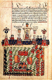 Below a piece of text is seen a king on a throne on a podium. On either side is seen a king and a bishop in front of the podium and clerks behind it. In front of this sit a number of lay and ecclesiastical lords, and more clerks, in a square on a chequered floor.