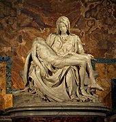 This marble statue shows the Virgin Mary seated, mourning over the dead body of Jesus which is supported across her knees.