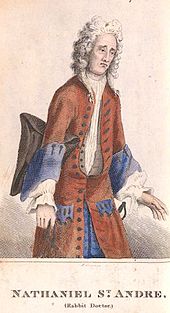 A three quarters portrait of a middle-aged man in 18th-century dress, standing upright with a tricorn hat held between his right elbow and waist, looking to the right, his hands slightly raised