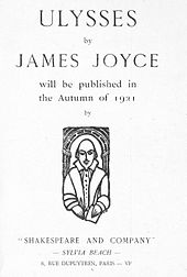 Page saying 'ULYSSES by JAMES JOYCE will be published in the Autumn of 1921 by "SHAKESPEARE AND COMPANY" — SYLVIA BEACH — 8, RUE DUPUYTREN, PARIS — VIe'