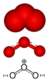 Three presentations of a skeletal chemical zig-zag structure of three-oxygen molecule. Central atom is positively charged and end atoms are negatively charged.