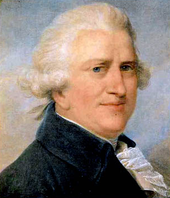 Head and shoulders portrait of a white-haired, portly, middle-aged man with a pinkish complexion, blue velvet coat and a ruffle