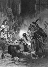 A black and white drawing of a young dark-haired Native American woman shielding a Elizabethan era man from execution by a Native American chief. She is bare-chested, and her face is bathed in light from an unknown source. Several Native Americans look on at the scene.