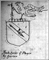 Drawing of a coat of arms with a falcon and a spear.