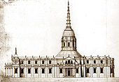 A prototype drawing of Christopher Wren's new cathedral, with a very different central tower, looking like a large upturned funnel.