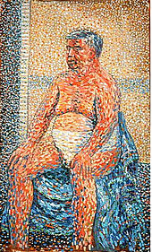 Impressionist painting constructed with thousands of dots that show an overweight man looking at the viewer, nude except for a white piece of clothing where underwear would be, seated on a chair-like structure covered in loose blue cloth
