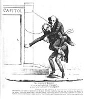 Cartoon image of an older man riding on the back of another older man and stumbling toward the steps of a building labeled "Capitol"