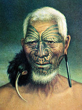 Old painting of a Māori man wearing a birdskin ornament from one ear