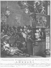 A chapel full of people, one of whom is lying on the floor rabbits leaping from under her skirts. A preacher stands in the pulpit, preaching to his congregation.
