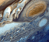 False color detail of Jupiter's atmosphere, as imaged by Voyager 1.