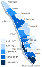 Kerala's districts, shaded by population density (inhabitants per km².