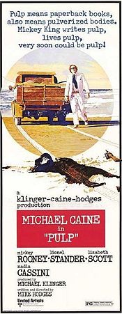 Movie poster with entire text in a typewriter-style typeface. A man wearing sunglasses, a white suit, and a blue tie walks forward. Behind him is a pickup truck, parked at the edge of a body of water. In the foreground lies the supine, apparently dead body of a dark-suited man, wearing a hat and sunglasses and holding a rifle in an outstretched hand.