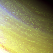 North, polar region of Saturn imaged in orange and UV filters