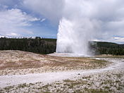 High geyser of water erupts out of the sparsely vegetated earth.