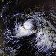 Satellite image of tropical storm. The circulation is disorganized, and a clear center is not present.