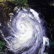 Hurricane over the Florida Keys. The storm contains a prominent eye feature, with well-defined rainbands.