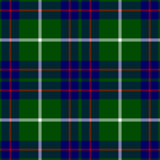 A swatch of fabric in a plaid or "tartan" design.  On a green background appear four squares composed of a broad blue stripe overlaid with a thin red stripe.  Over each square is superimposed two thin white stripes forming a cross.