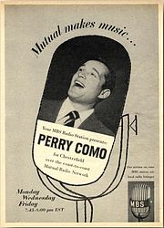 Photograph of Perry Como singing, superimposed on an illustration of a microphone and accompanied by advertising copy, including the slogan "Mutual makes music...".