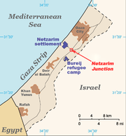 A map showing part of Israel, and to the west, the Gaza Strip and the Mediterranean Sea. To the south, part of Egypt is shown.