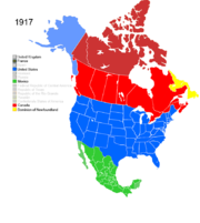 Map showing Non-Native American Nations Control over N America circa 1917