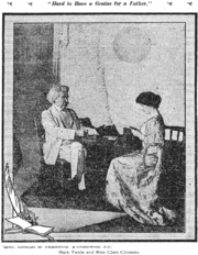 Newspaper clipping of Twain on the left and his daughter Clara on the right.  Both are sitting in wooden chairs at a table.  Clara is looking down at an object held close in her hands.  Twain is working on papers on the table.