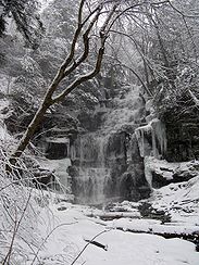 The second image, on the right, shows the cascading falls in winter. The water flows over layers of rock and is surrounded by icy, snow covered rocks and trees.