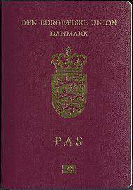 The front cover of a contemporary Danish biometric passport