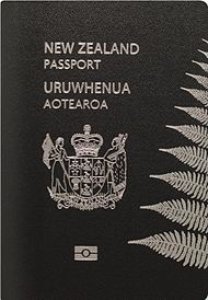 The front cover of a contemporary New Zealand biometric passport