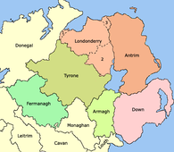 1613 - Ulster after the creation of County Londonderry, from the merger of County Coleraine, the North West Liberties of Londonderry (1), Loughinsholin (2), and North East Liberties of Coleraine (3).