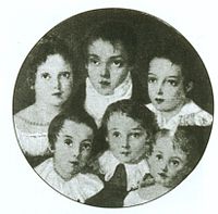 Miniature group portrait depicting six children in formal dress