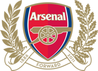 Red shield with large gold cannon below the word "Arsenal" in white letters. Thin white and blue stripes line the shield's left and right edges.